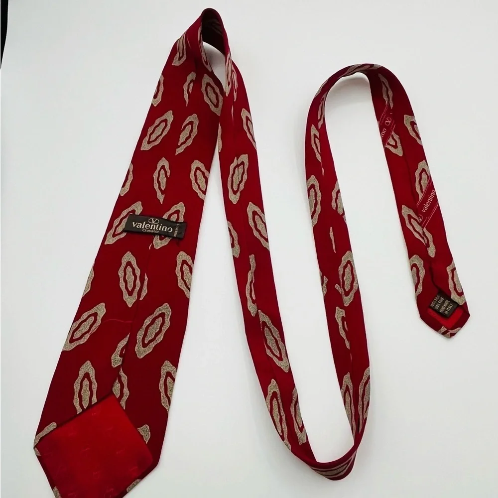 Valentino Vintage Italian Silk Tie Necktie Red/Black Geometric Pattern